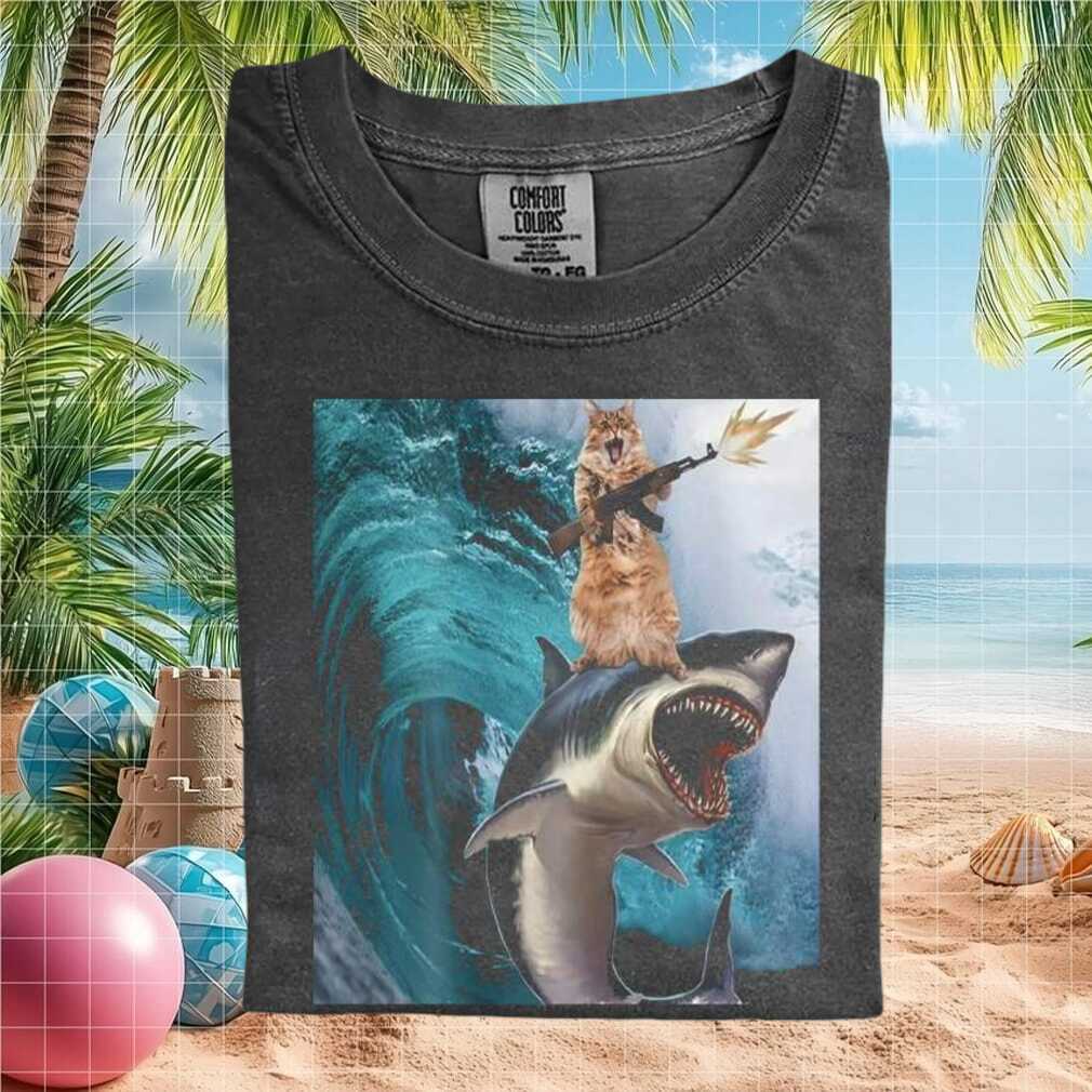 Funny Cat Riding Great White Shark With Machine Gun Graphic T Shirt - Limotees LLC