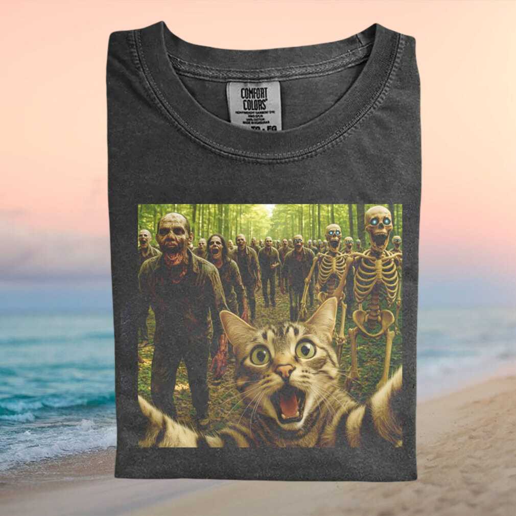 Funny Cat Selfie With Zombies And Skeletons Horror T Shirt - Limotees LLC
