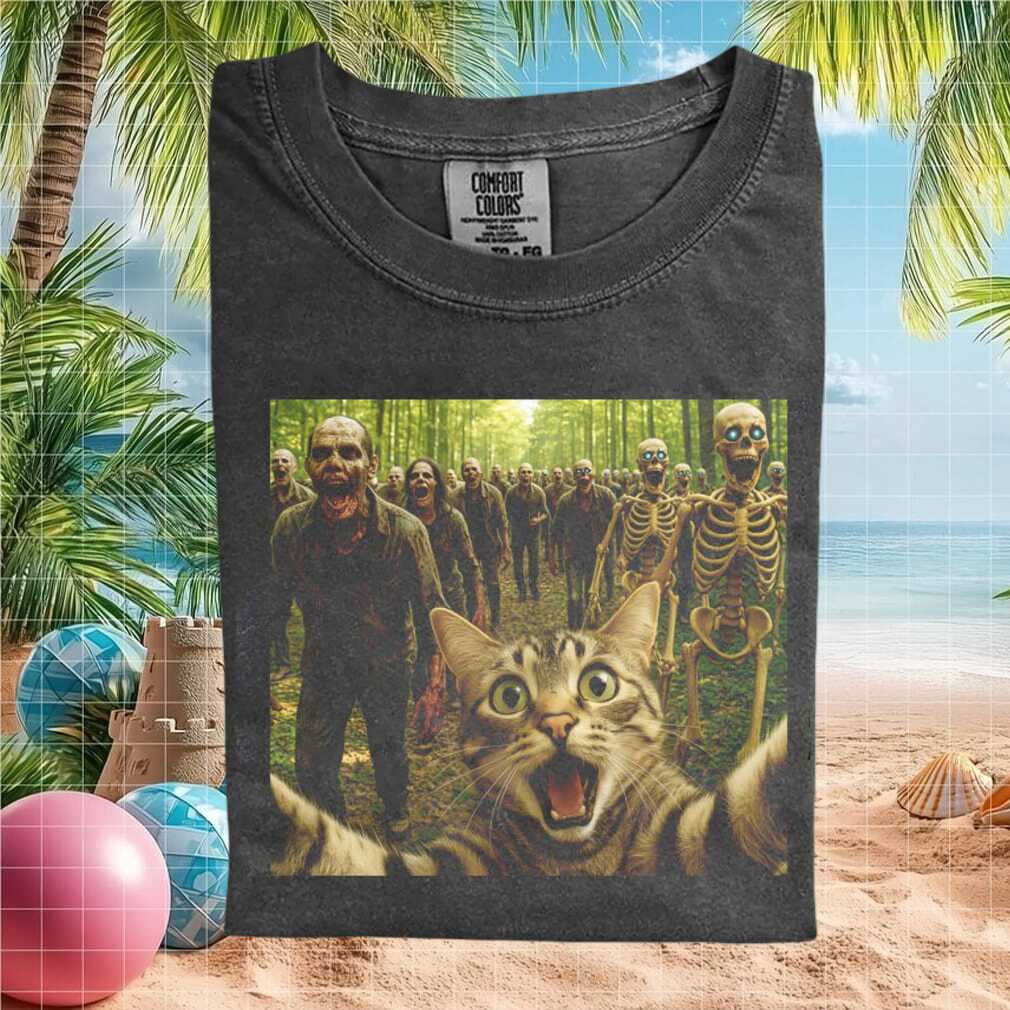 Funny Cat Selfie With Zombies And Skeletons Horror T Shirt - Limotees LLC