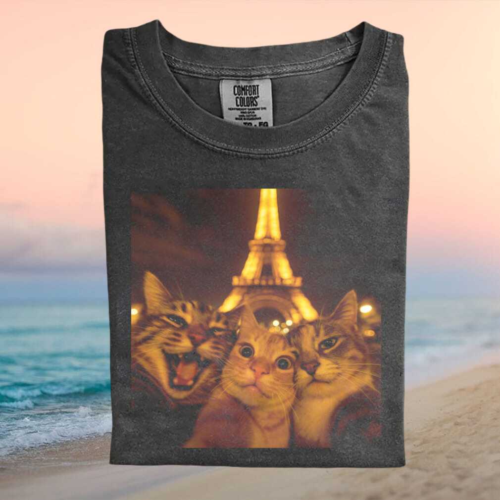 Funny Cats Selfie Paris Eiffel Tower Travel Graphic T Shirt