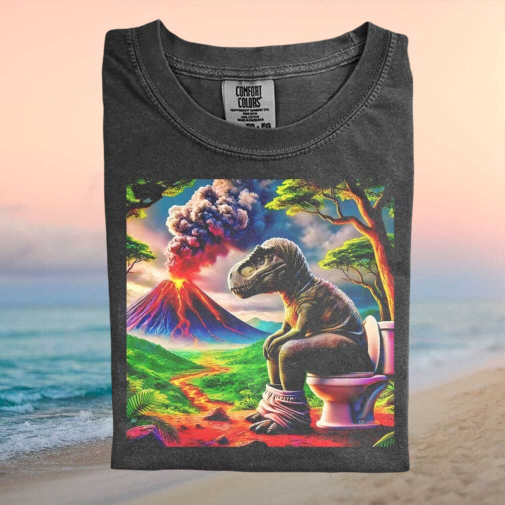 Funny Dinosaur Sitting On Toilet Volcano Eruption Graphic T Shirt - Limotees LLC