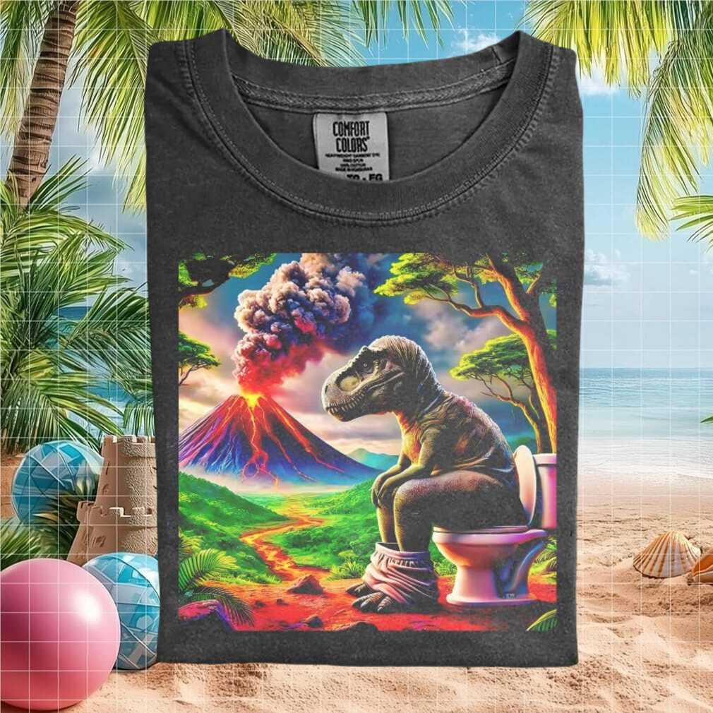 Funny Dinosaur Sitting On Toilet Volcano Eruption Graphic T Shirt - Limotees LLC