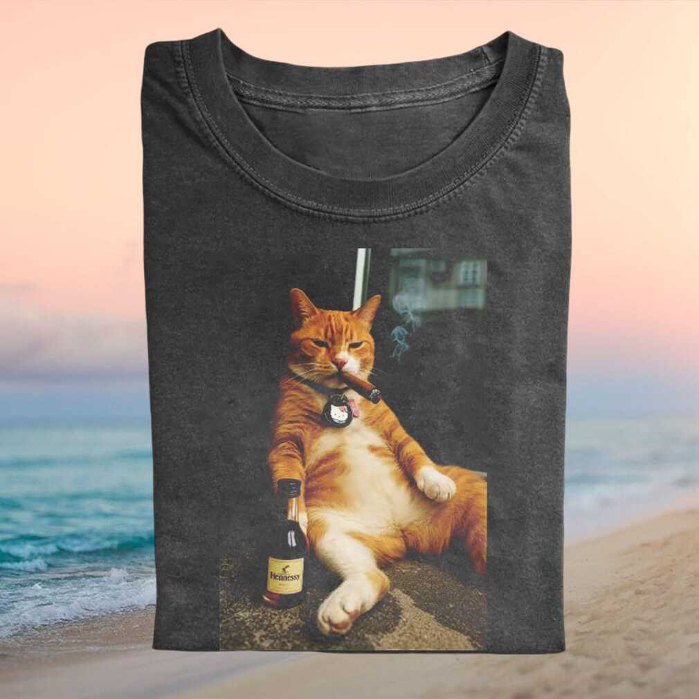 Funny Ginger Cat Smoking Cigar Drinking Hennessy Aesthetic T Shirt - Limotees LLC