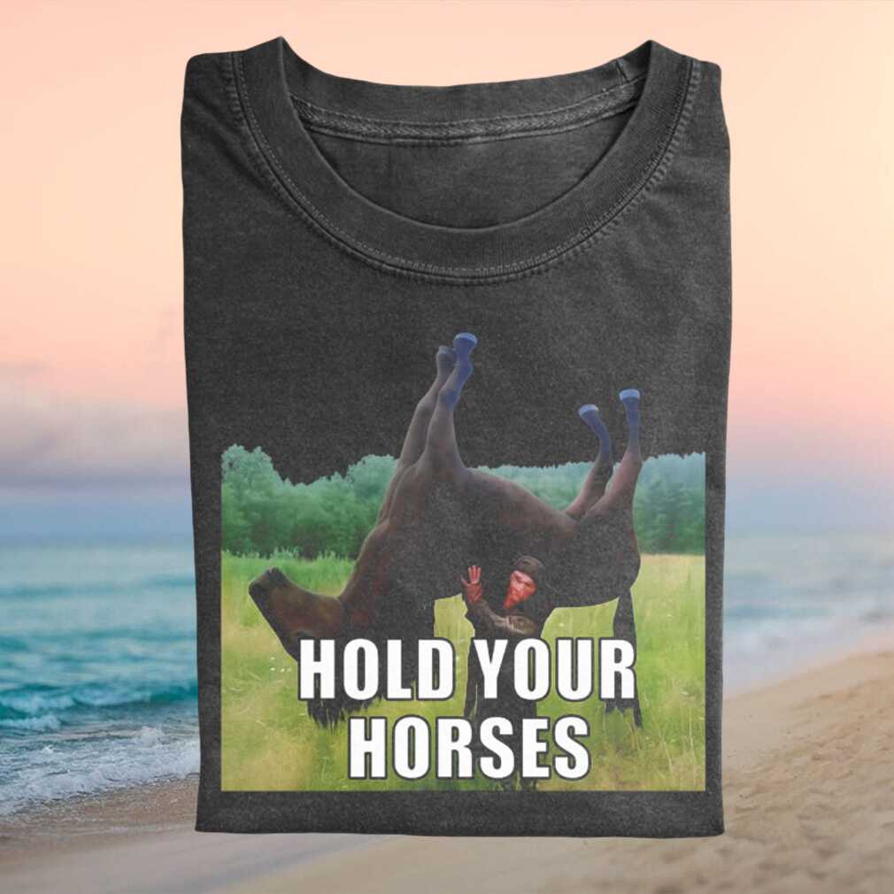 Funny Hold Your Horses Surreal Humor Man Lifting Horse T Shirt - Limotees LLC