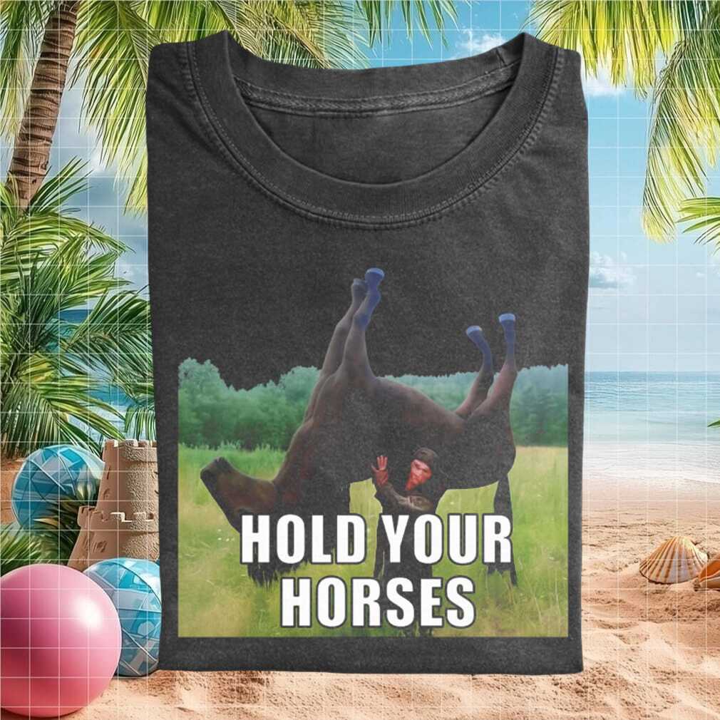 Funny Hold Your Horses Surreal Humor Man Lifting Horse T Shirt - Limotees LLC