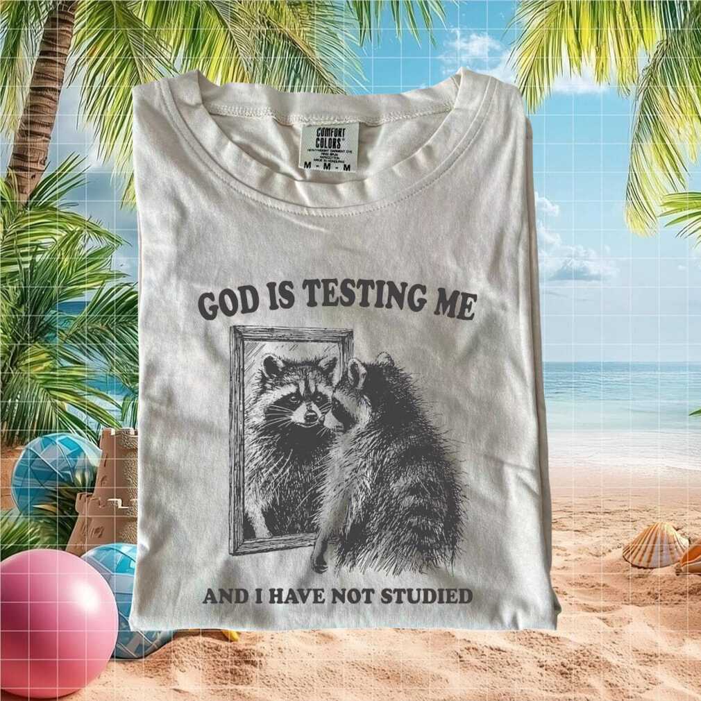 Funny Raccoon Mirror God Testing Me Studying Quote T Shirt - Limotees LLC