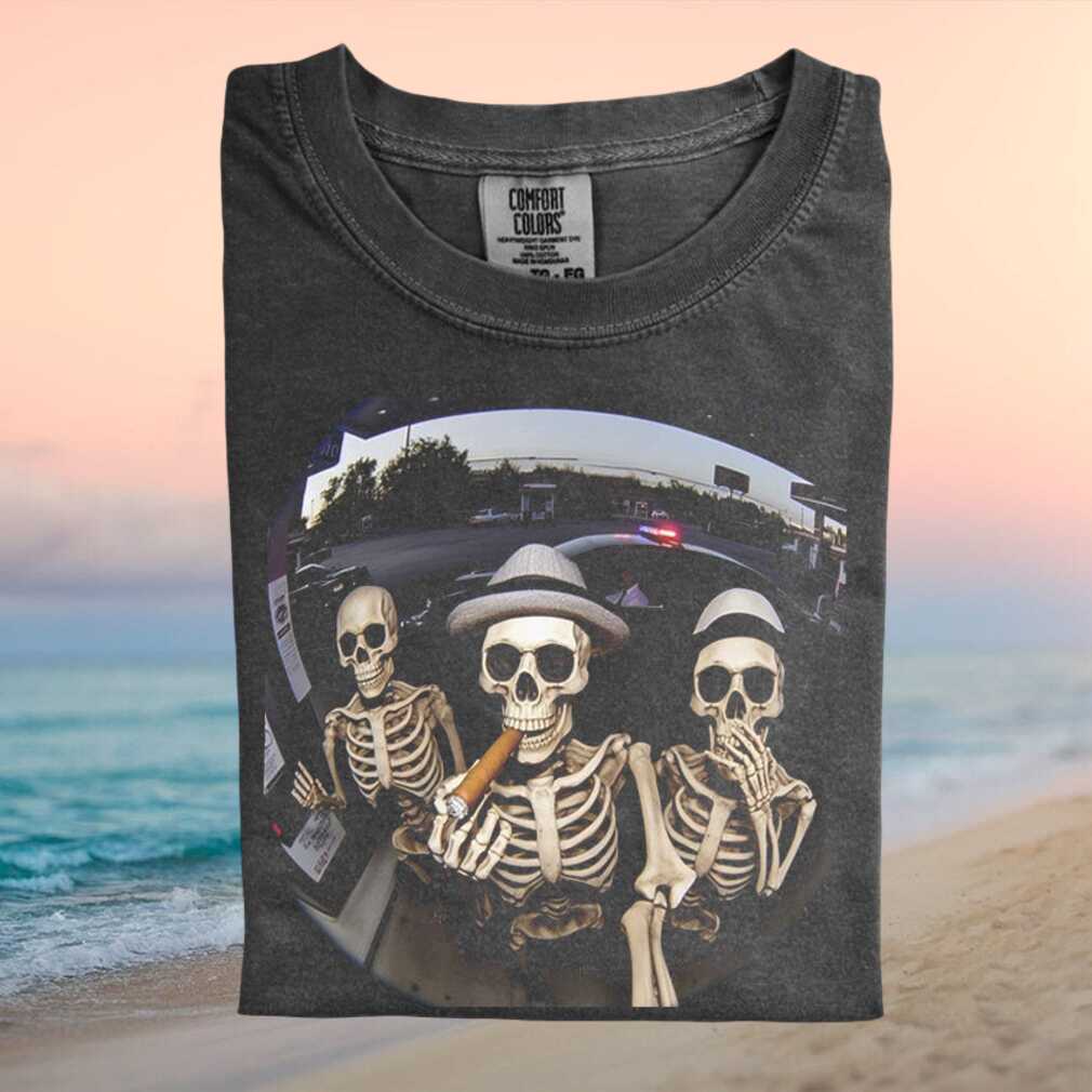 Funny Skeleton Smoking Cigar Gas Station Scene T Shirt - Limotees LLC