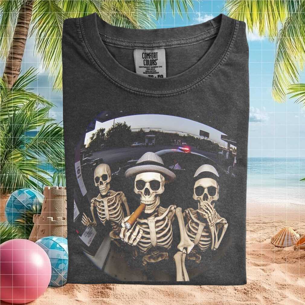 Funny Skeleton Smoking Cigar Gas Station Scene T Shirt - Limotees LLC