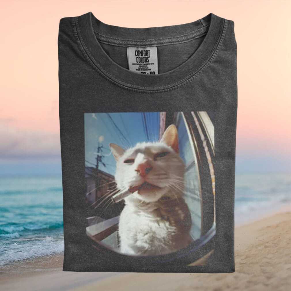 Funny Smoking White Cat Retro Fish Eye Lens Aesthetic Graphic T Shirt - Limotees LLC