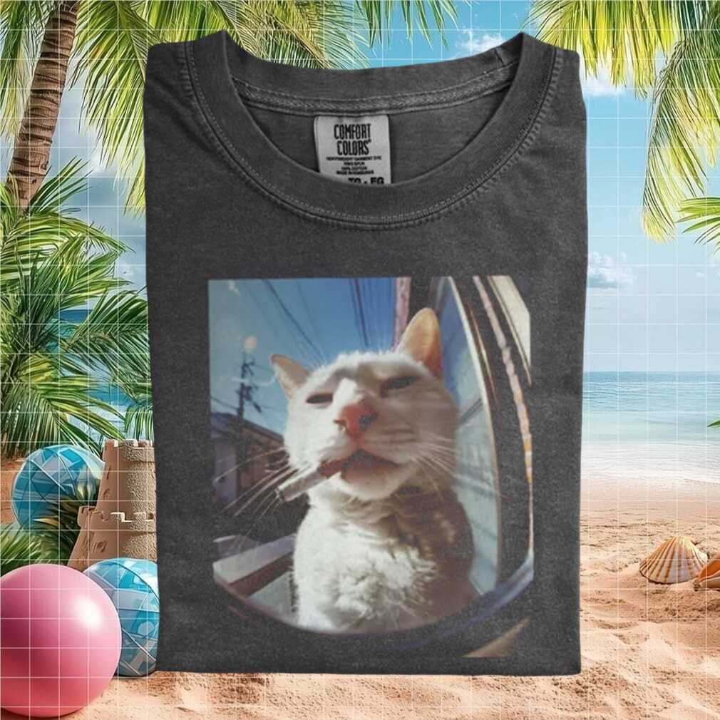 Funny Smoking White Cat Retro Fish Eye Lens Aesthetic Graphic T Shirt - Limotees LLC