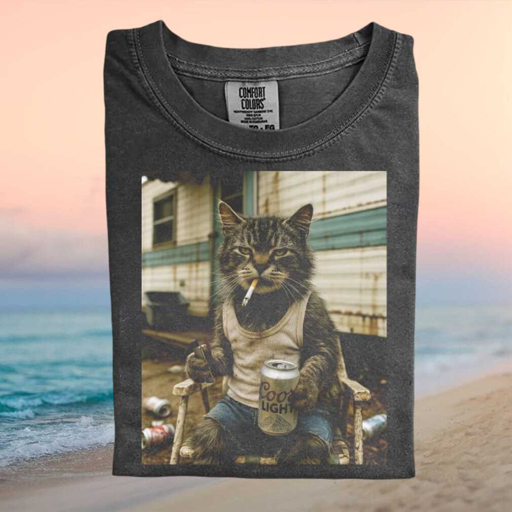 Funny Trailer Park Cat Drinking Beer and Smoking Graphic T Shirt - Limotees LLC