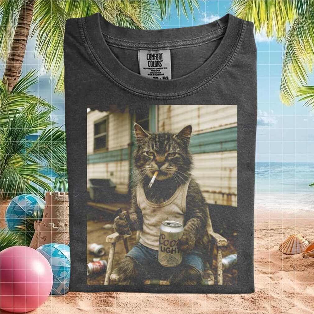 Funny Trailer Park Cat Drinking Beer and Smoking Graphic T Shirt - Limotees LLC
