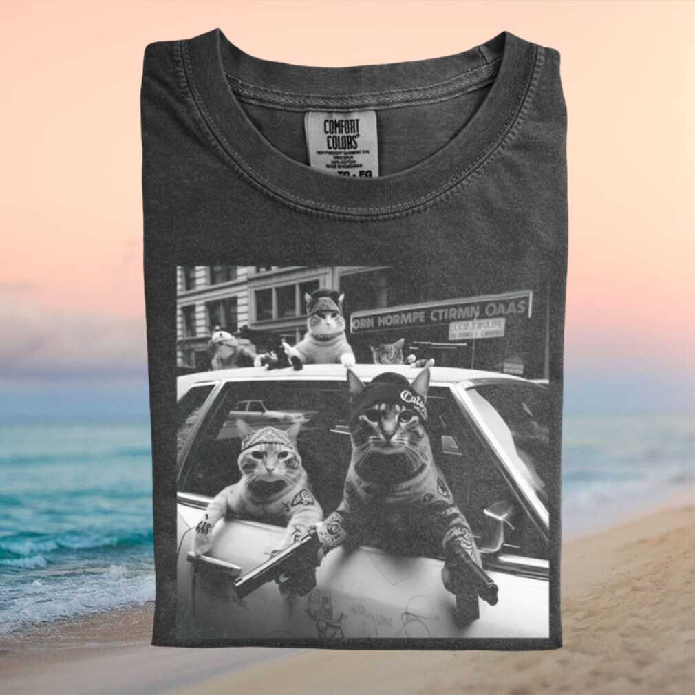 Gangster Cats With Guns Black And White Streetwear Graphic T Shirt