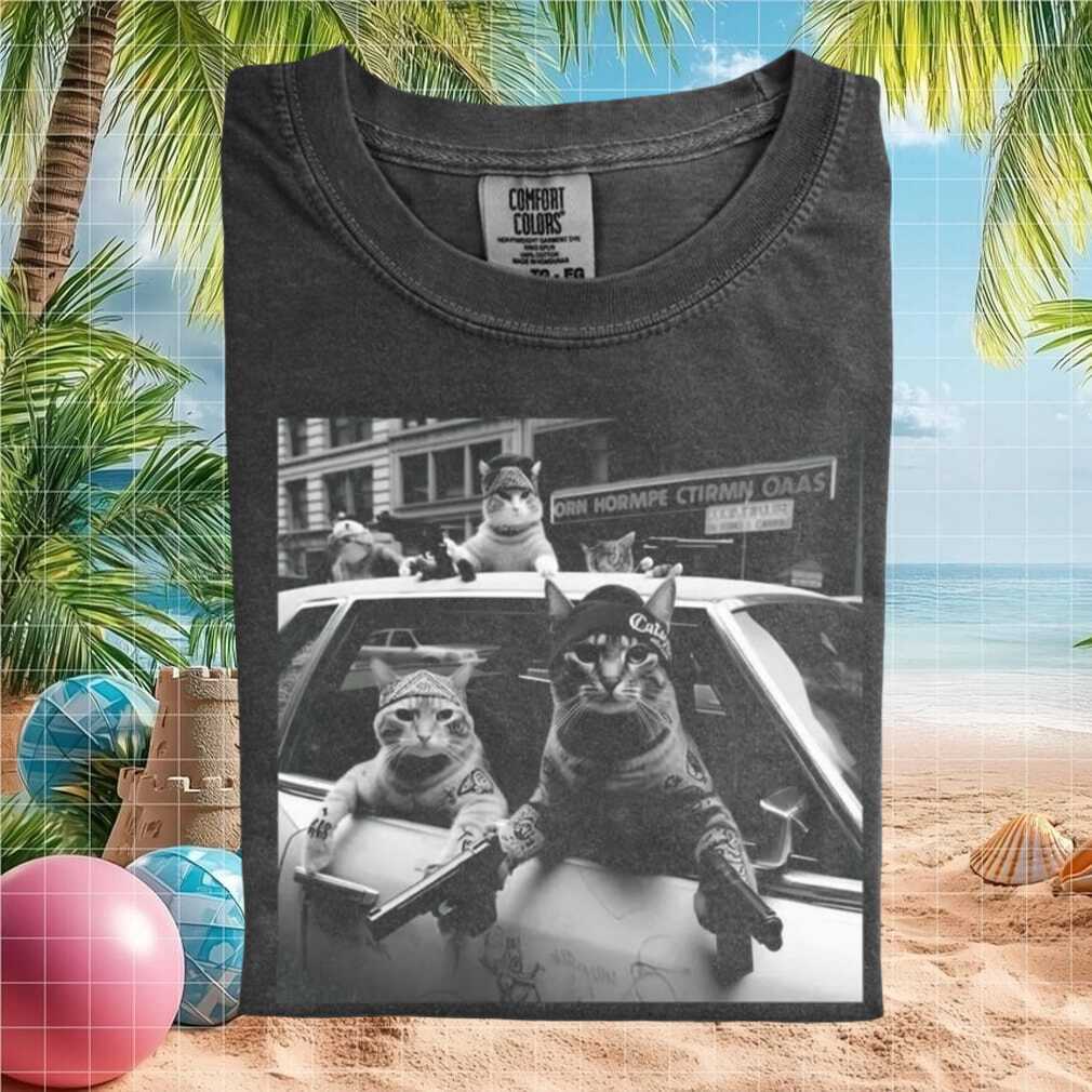 Gangster Cats With Guns Black And White Streetwear Graphic T Shirt