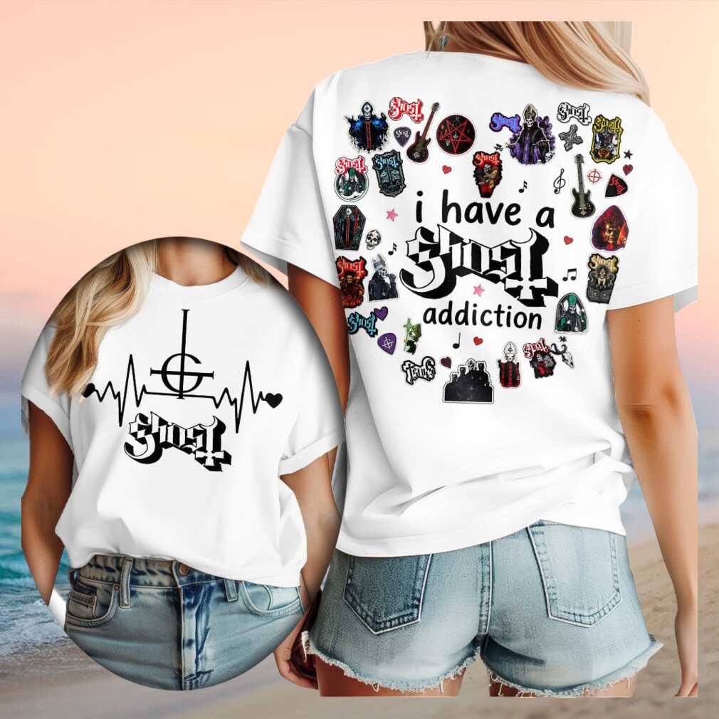 Ghost Band Addiction Heavy Metal Rock Music Fans Minimalist Heartbeat Logo White Shirt - Limotees LLC