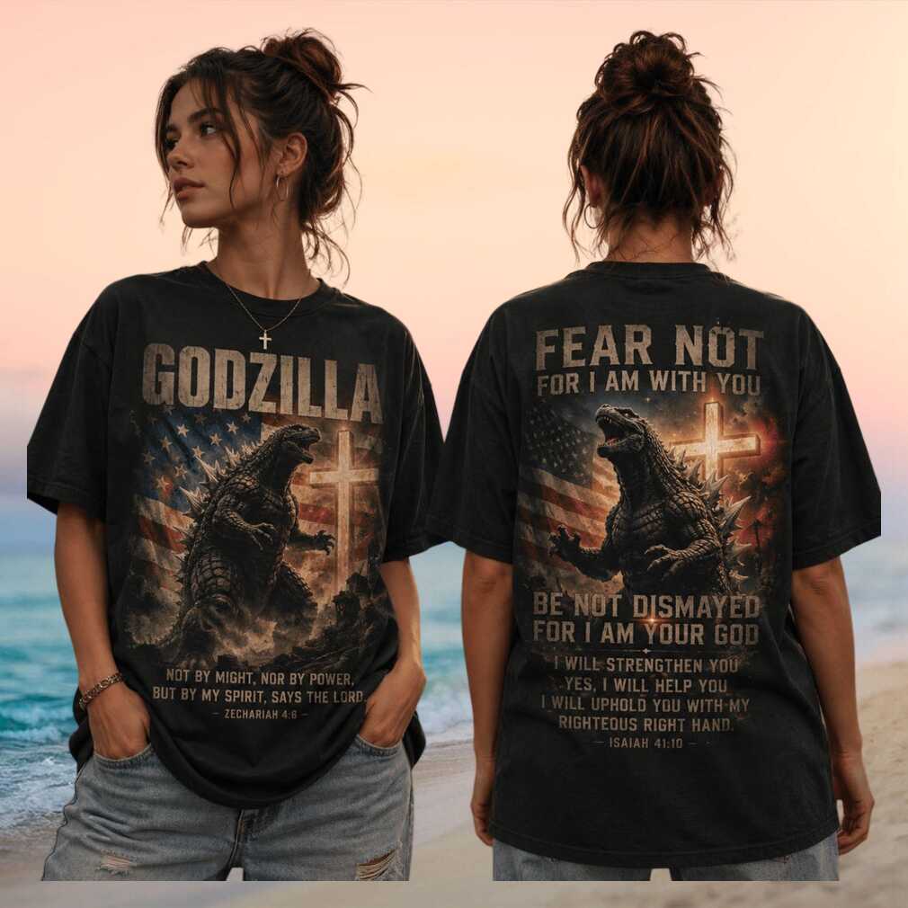 Godzilla Christian Bible Verse Cross American Flag Faith Shirt