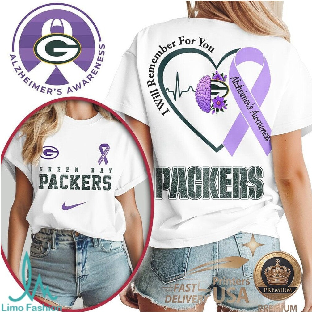 Green Bay Packers Alzheimer Awareness Heartbeat I Will Remember For You T Shirt - Limotees LLC