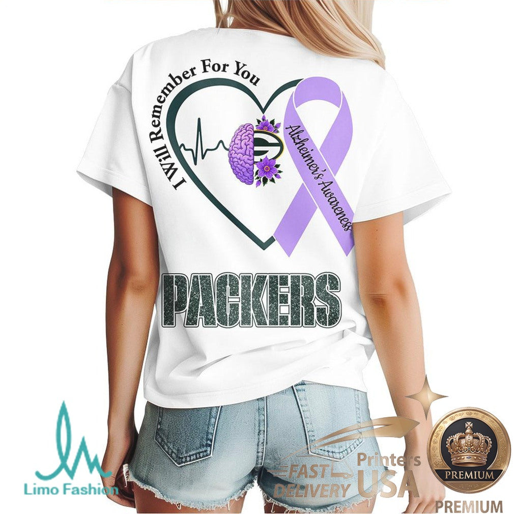 Green Bay Packers Alzheimer Awareness Heartbeat I Will Remember For You T Shirt - Limotees LLC