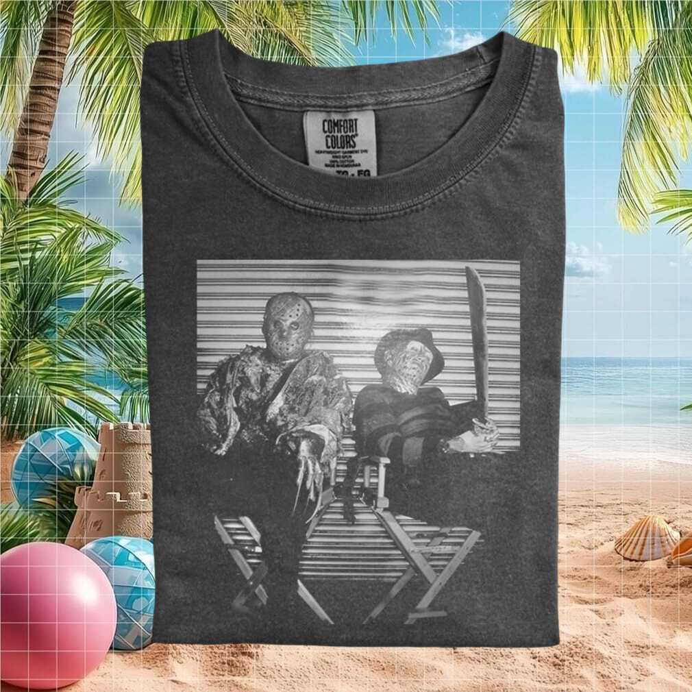 Horror Movie Slashers Jason and Freddy on Bench T Shirt - Limotees LLC