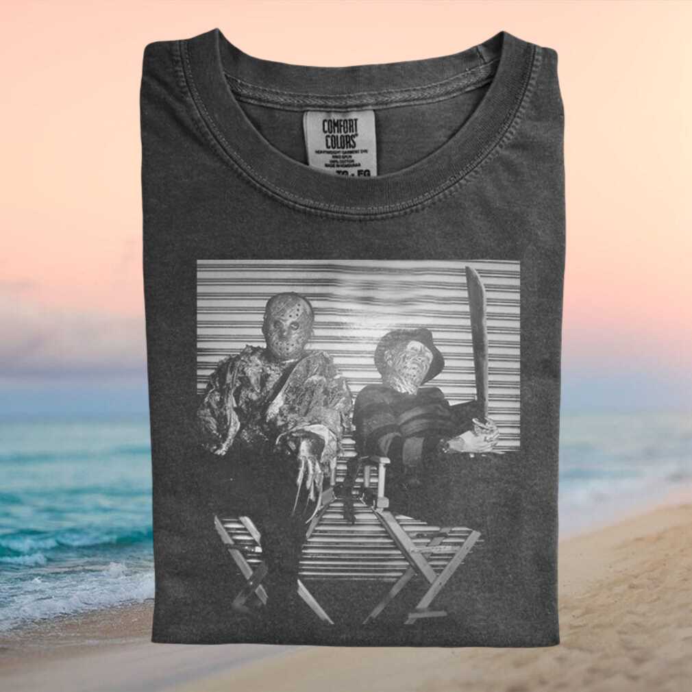 Horror Movie Slashers Jason and Freddy on Bench T Shirt - Limotees LLC