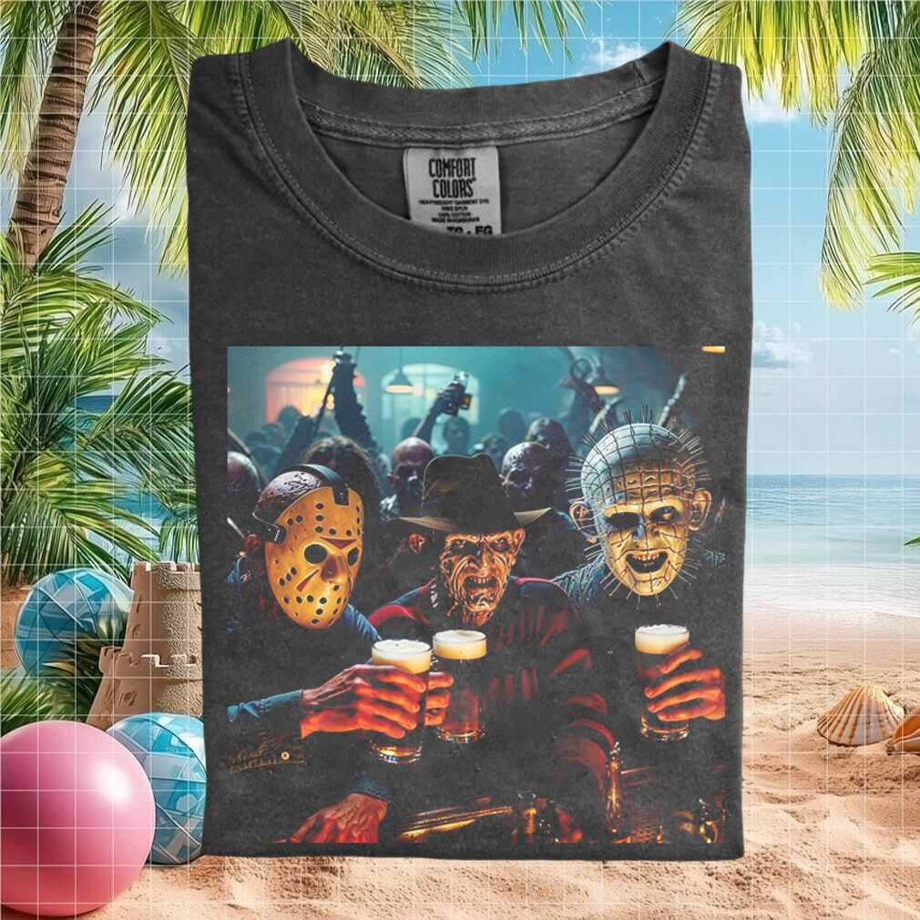 Horror Movie Villains Drinking Beer Bar Scene Graphic T Shirt - Limotees LLC