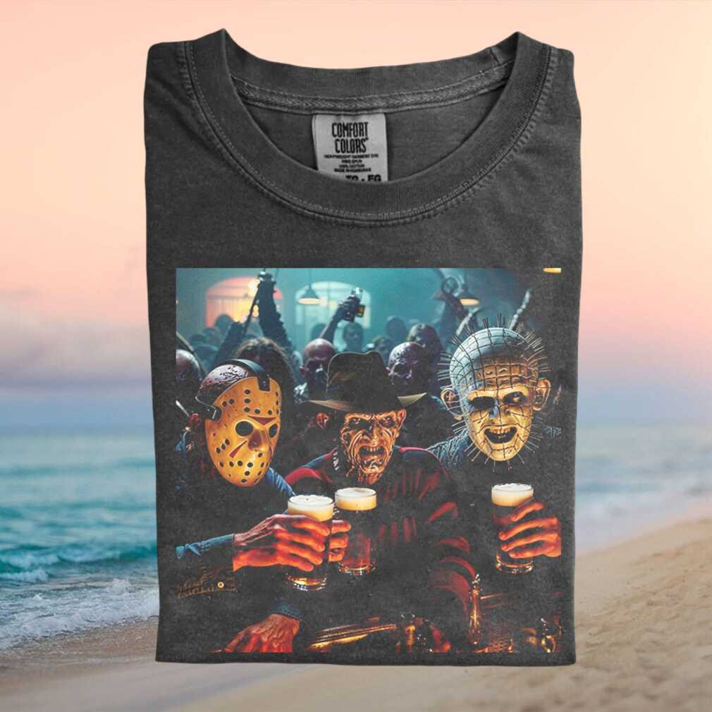 Horror Movie Villains Drinking Beer Bar Scene Graphic T Shirt - Limotees LLC