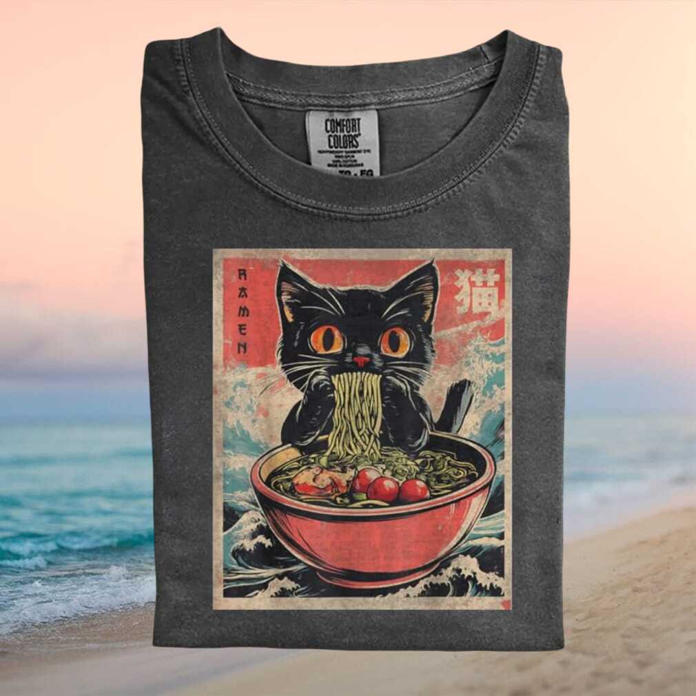 Japanese Ramen Black Cat Ukiyo e Art Style T Shirt - Limotees LLC