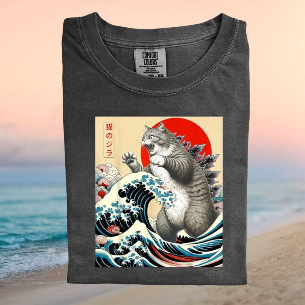 Japanese Style Cat Godzilla Great Wave Funny Animal Art T Shirt - Limotees LLC