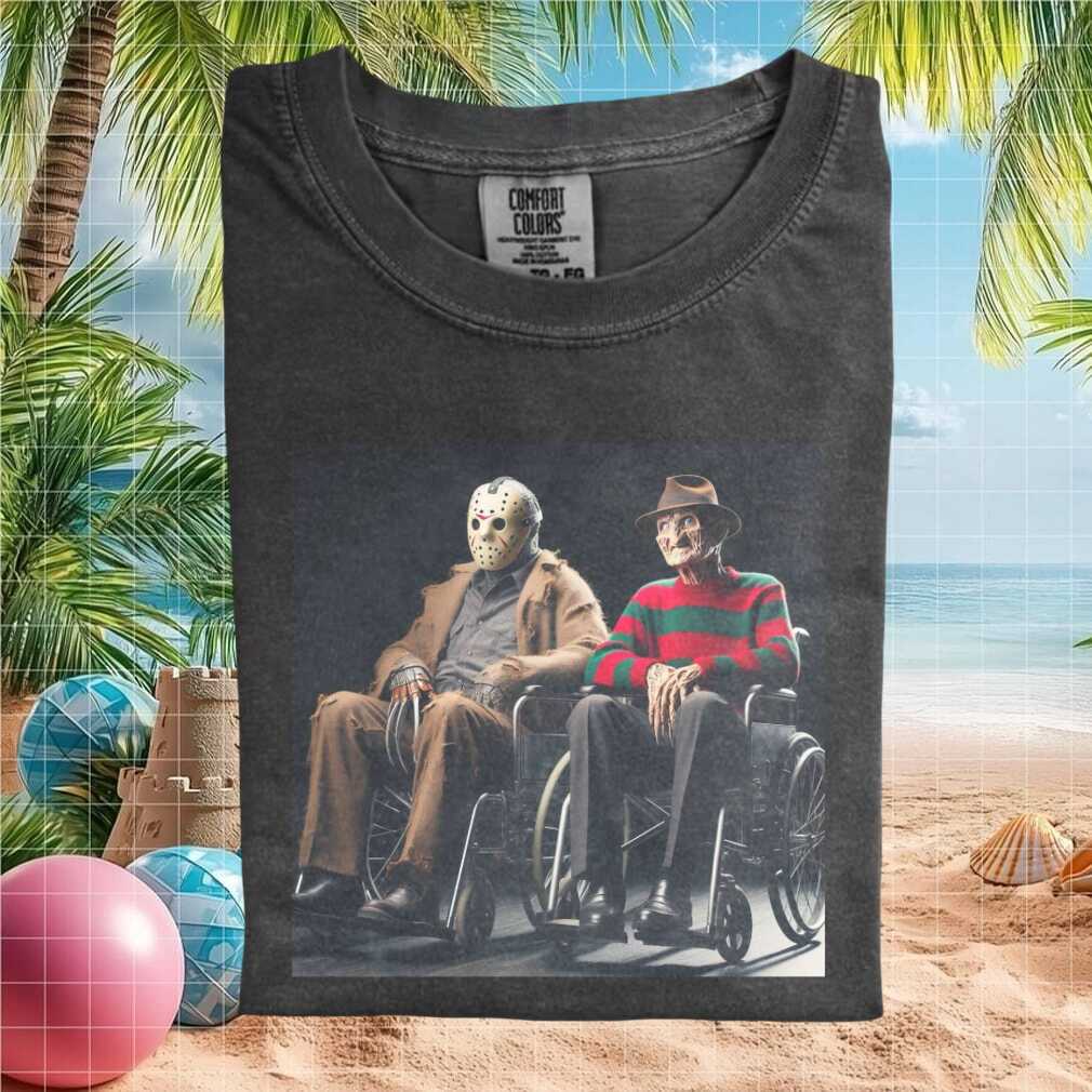 Jason Voorhees And Freddy Krueger In Wheelchairs Funny Horror Duo T Shirt - Limotees LLC