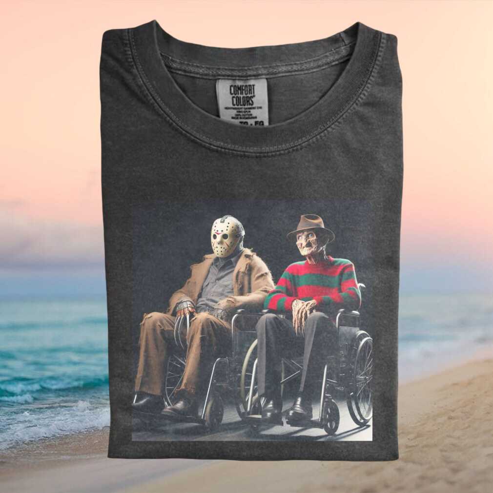 Jason Voorhees And Freddy Krueger In Wheelchairs Funny Horror Duo T Shirt - Limotees LLC