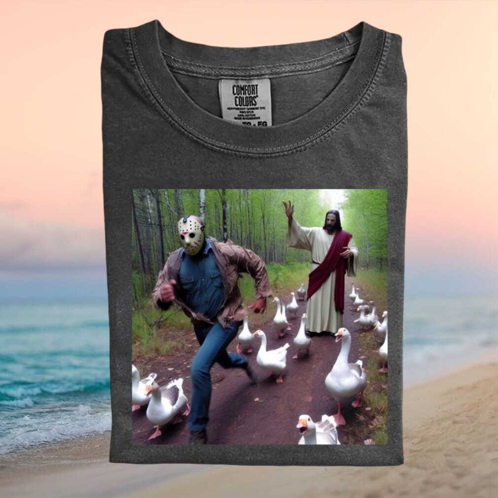 Jason Voorhees Running From Jesus And Geese Funny Meme Graphic T Shirt - Limotees LLC