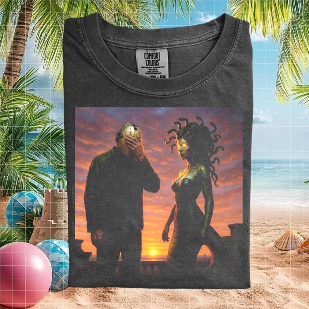 Jason Voorhees and Medusa Sunset Horror Movie Crossover T Shirt - Limotees LLC