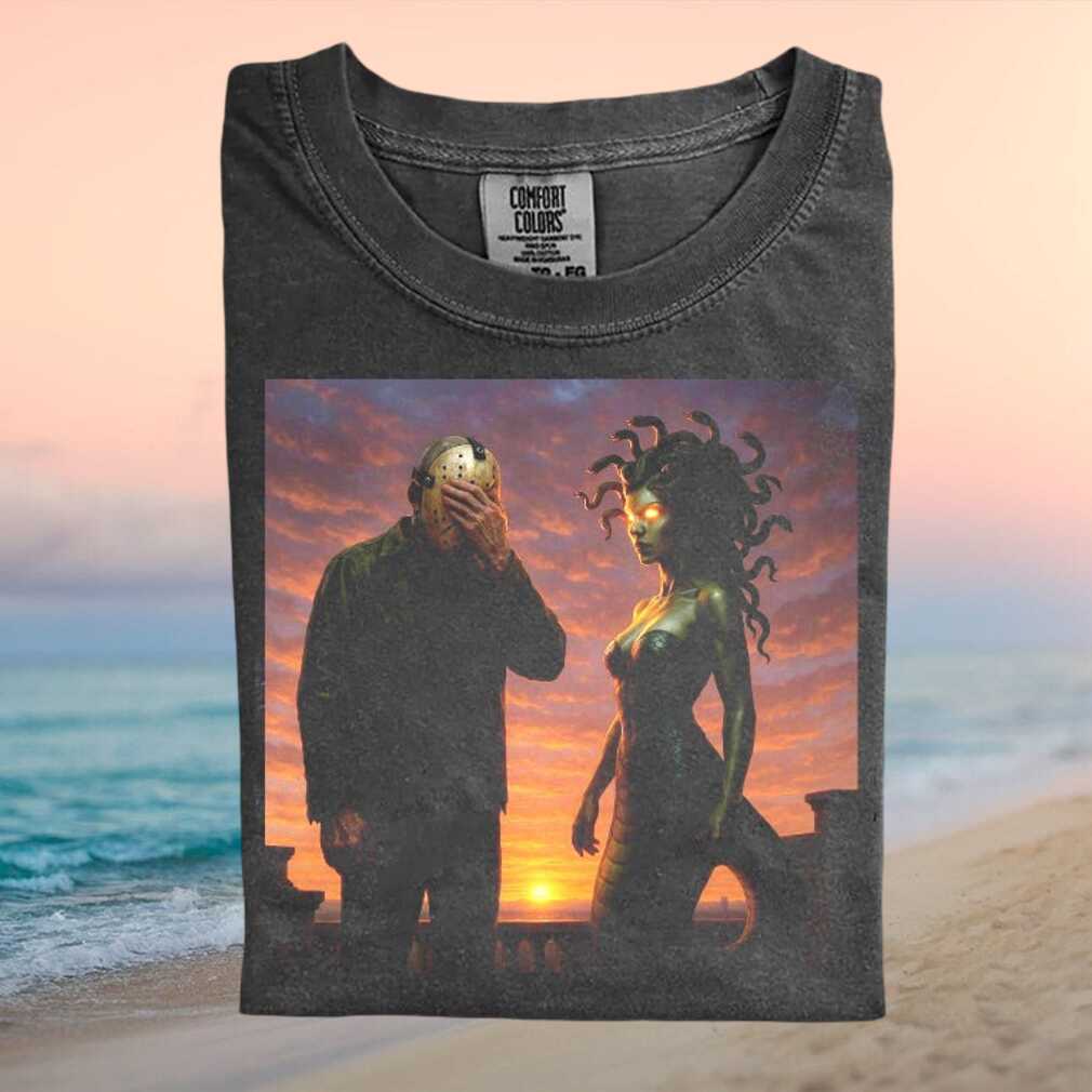 Jason Voorhees and Medusa Sunset Horror Movie Crossover T Shirt - Limotees LLC