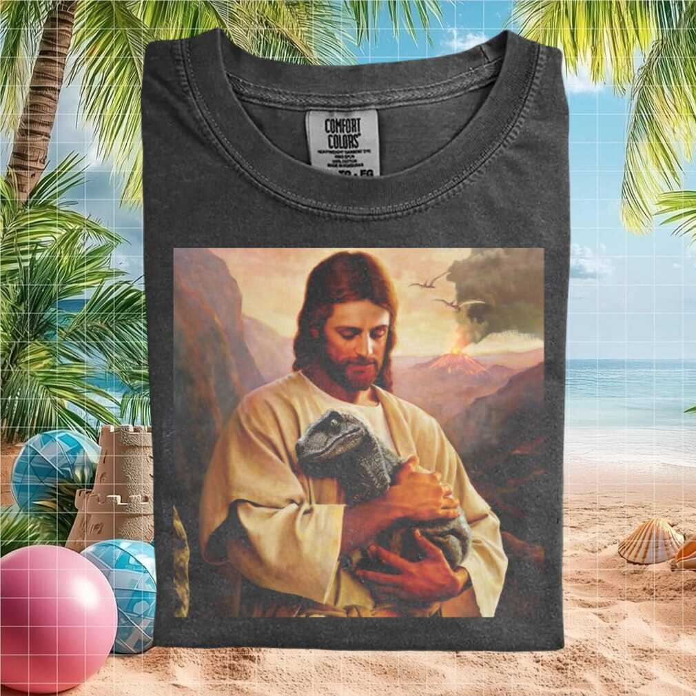 Jesus Holding Baby Raptor Dinosaur Religious Funny Comfort Colors T Shirt - Limotees LLC