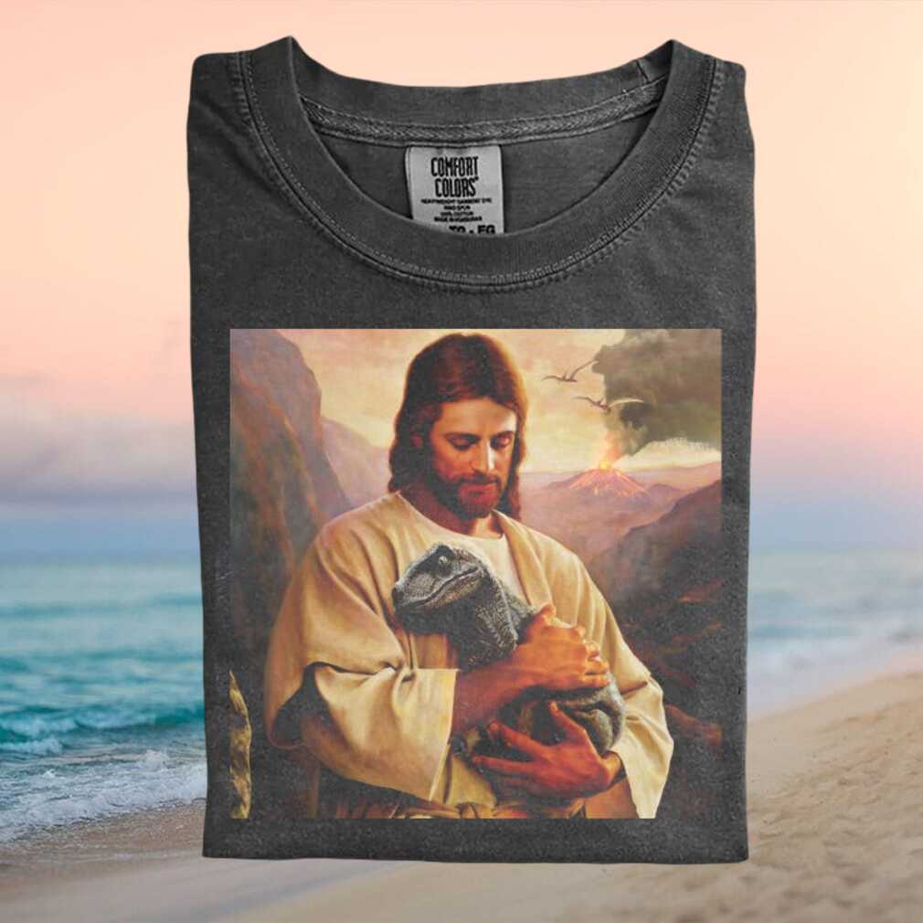Jesus Holding Baby Raptor Dinosaur Religious Funny Comfort Colors T Shirt - Limotees LLC