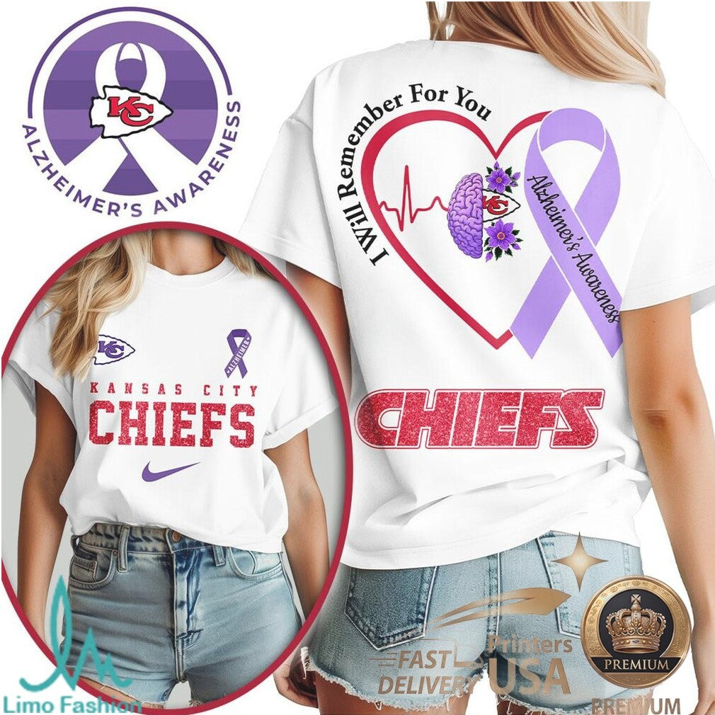 Kansas City Chiefs Alzheimer Awareness Heartbeat I Will Remember For You T Shirt - Limotees LLC