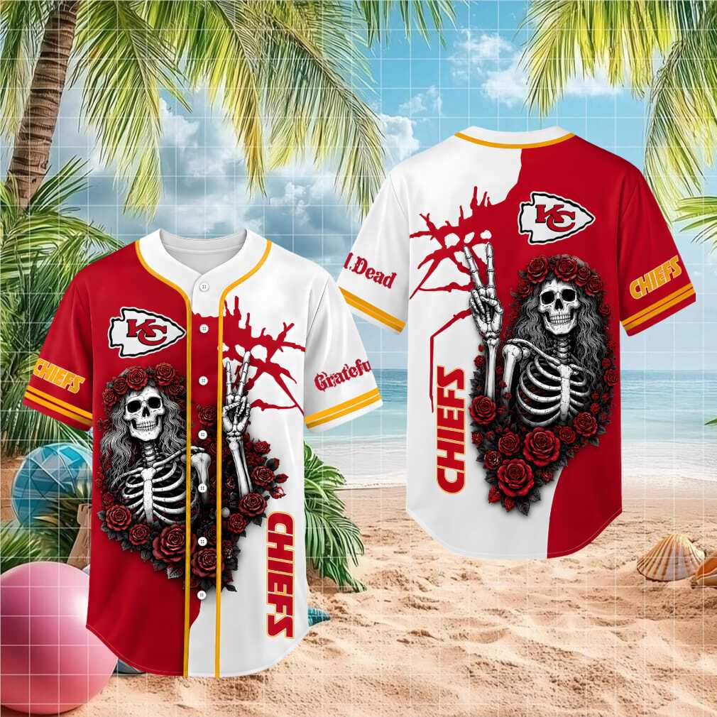 Kansas City Chiefs Skeleton Grateful Roses Baseball Shirt - Limotees LLC