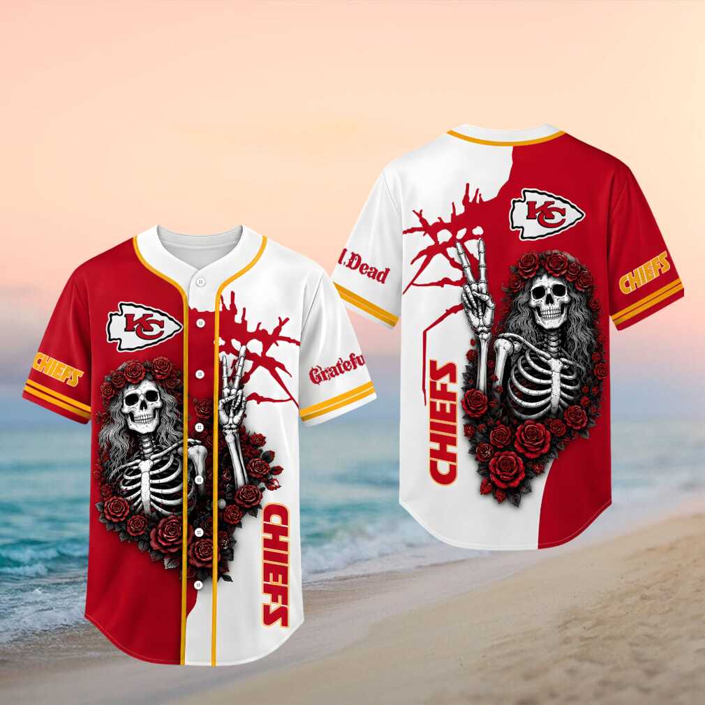 Kansas City Chiefs Skeleton Grateful Roses Baseball Shirt - Limotees LLC