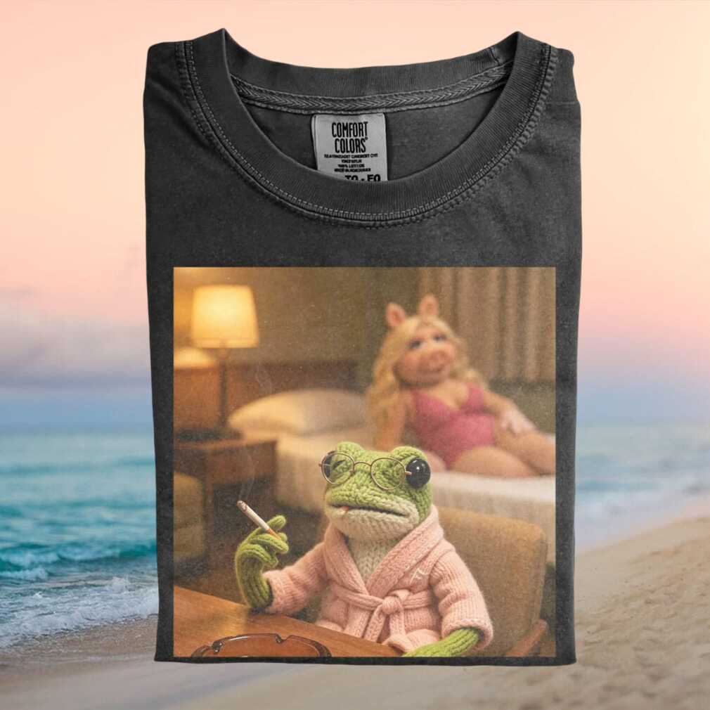 Kermit Frog Smoking In Bed With Miss Piggy Funny Meme Graphic T Shirt - Limotees LLC