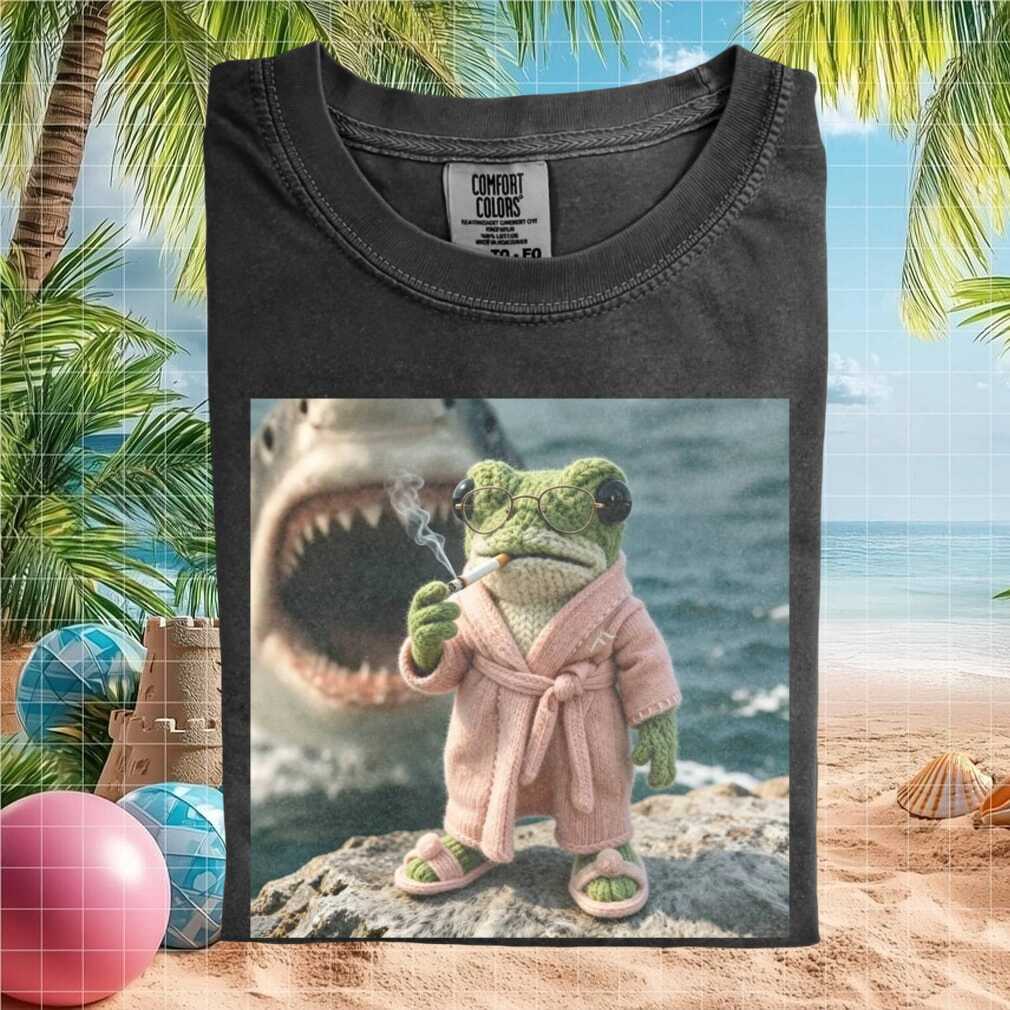 Knitted Frog Smoking With Great White Shark Funny Retro Style T Shirt - Limotees LLC