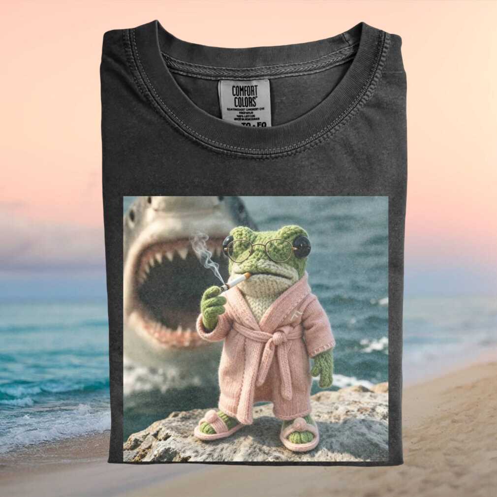 Knitted Frog Smoking With Great White Shark Funny Retro Style T Shirt - Limotees LLC