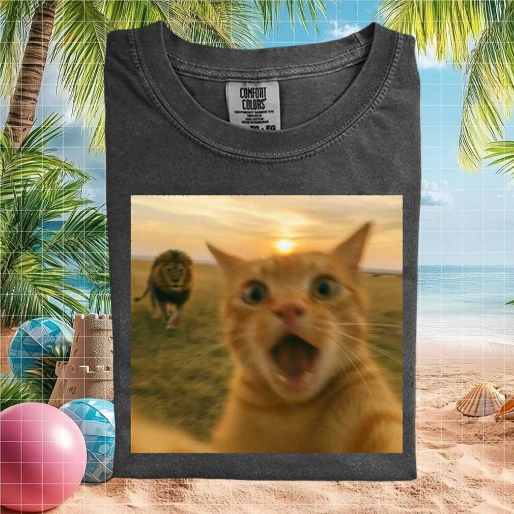 Lion Chasing Cat Funny Viral Meme Graphic T Shirt - Limotees LLC
