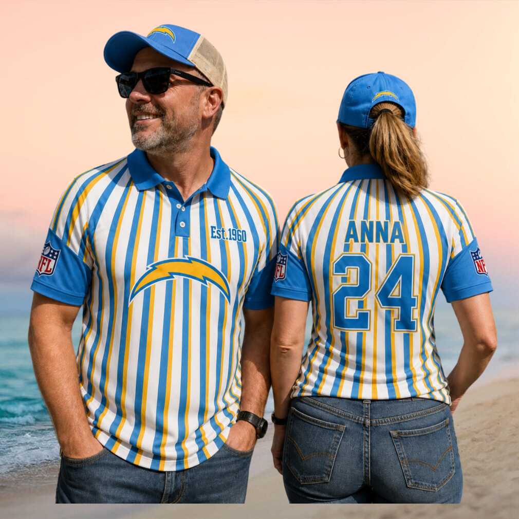 Los Angeles Chargers Custom Name Number Est 1960 Striped Polo Football Fan Gift Shirt