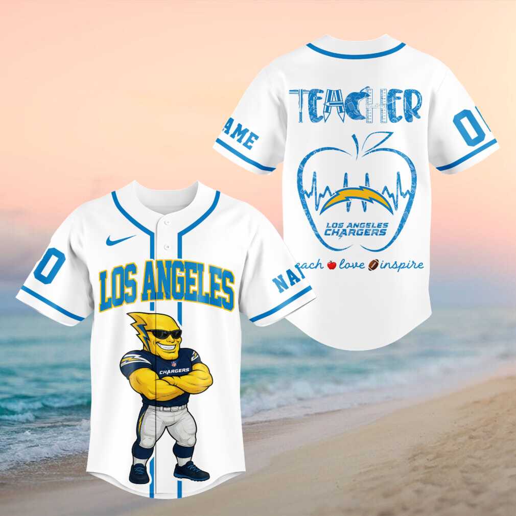 Los Angeles Chargers Mascot Lightning Teacher Heartbeat Baseball Shirt