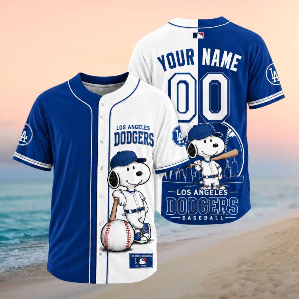 Los Angeles Dodgers Snoopy Custom Name Split Color Baseball Jersey - Limotees LLC
