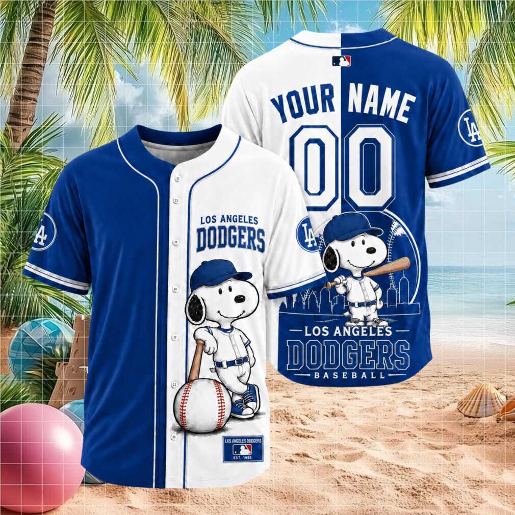 Los Angeles Dodgers Snoopy Custom Name Split Color Baseball Jersey - Limotees LLC