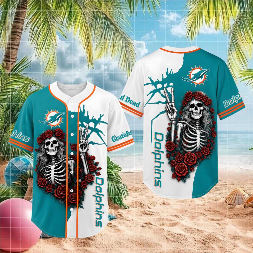 Miami Dolphins Grateful Dead Skull Rose Baseball Shirt
