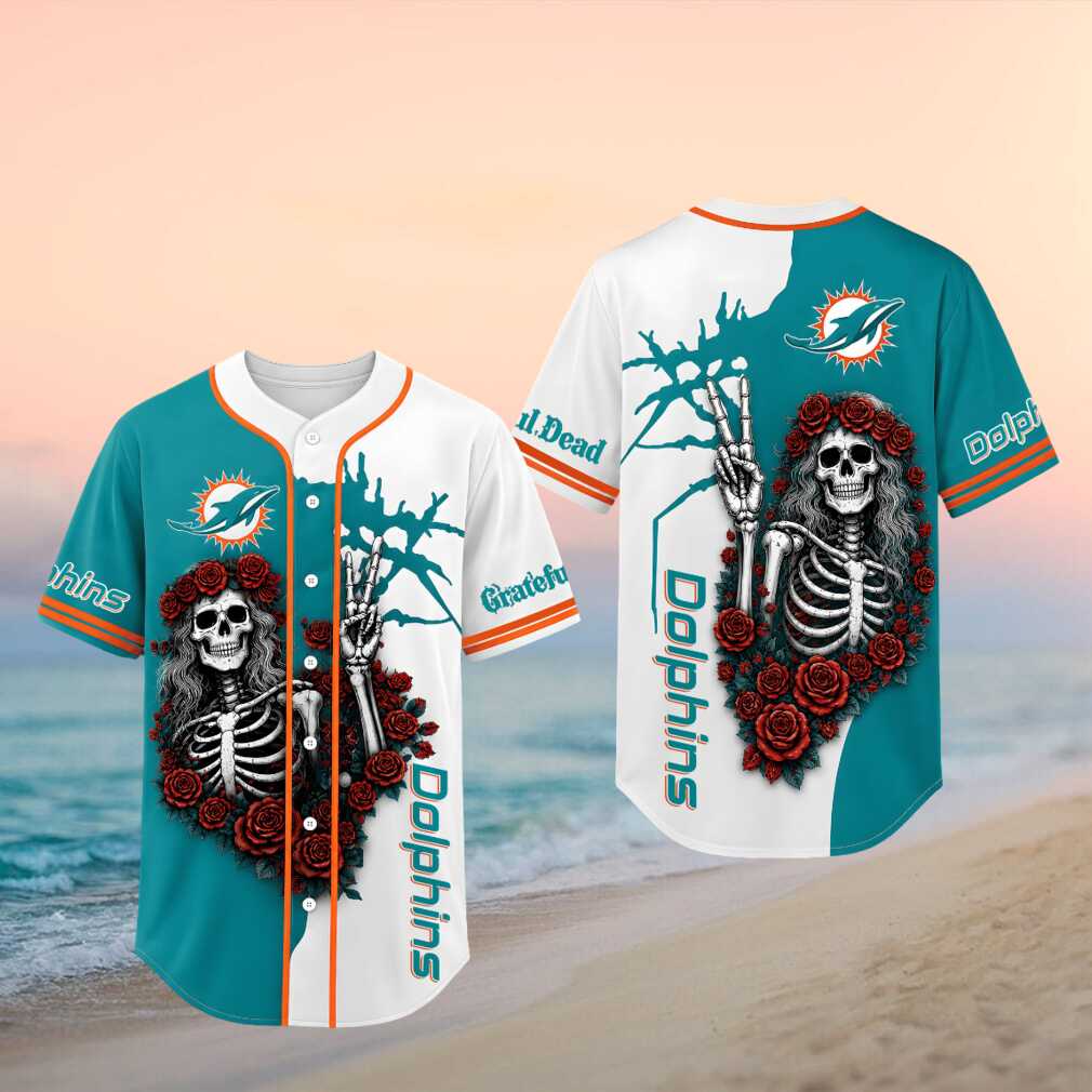Miami Dolphins Grateful Dead Skull Rose Baseball Shirt