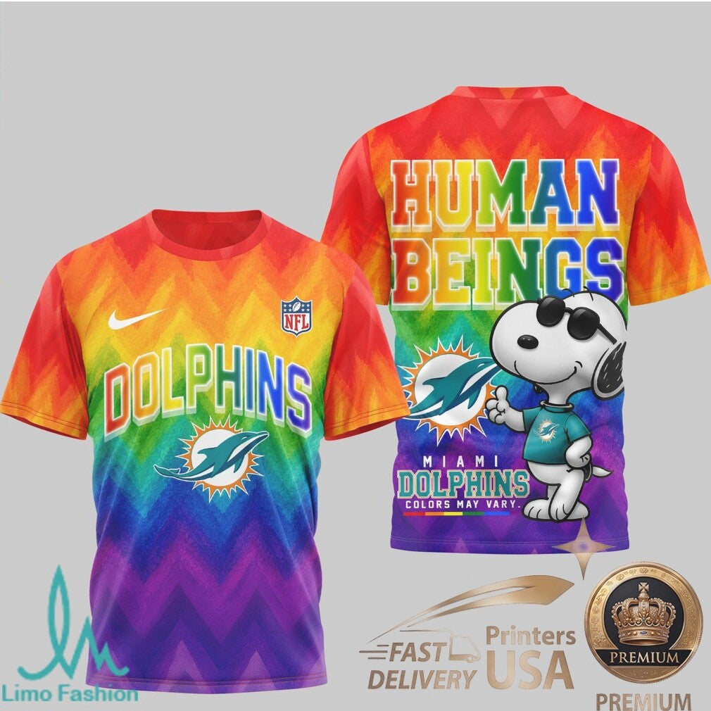 Miami Dolphins Snoopy Pride Rainbow T Shirt Human Beings Graphic T Shirt - Limotees LLC