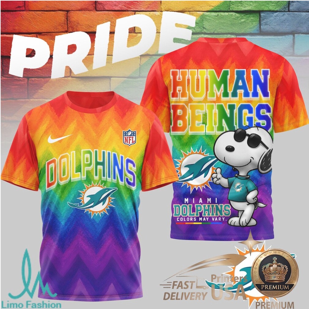 Miami Dolphins Snoopy Pride Rainbow T Shirt Human Beings Graphic T Shirt - Limotees LLC